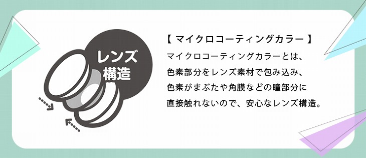 レンズの特徴としてマイクロコーティングカラーを使用!色素部分をレンズ素材で包み込み色素がまぶたや角膜などの瞳部分に直接触れないので安心なレンズ構造になっています