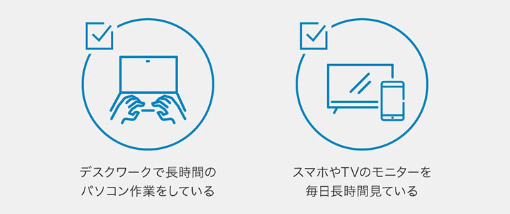 デスクワークで長時間のパソコン作業をしている,スマホやTVのモニターを毎日長時間見ている
