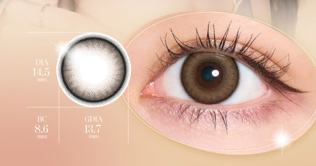 ノワベージュ装用写真,DIA14.5mm,BC8.6mm,GDIA13.7mm|人気Youtuber Rちゃんプロデュース「キュプリエワンマンス(Quprié 1month)」1month,DIA14.5mm,GDIA13.7mm,BC8.6mm,含水率38%,UVカット
