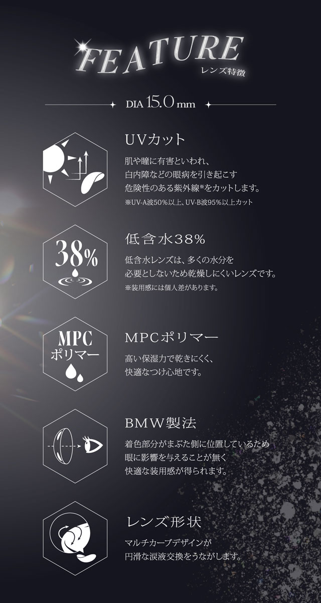 リセイのレンズスペック,UVカット,低含水38%,MPCポリマー,BMW製法,レンズ形状|人気モデルせいせいプロデュース&イメージモデル,強く印象的な瞳になれる視線くぎづけカラコン「リセイ(RESAY)」1day,DIA14.5mm,DIA15.0mm,UVカット