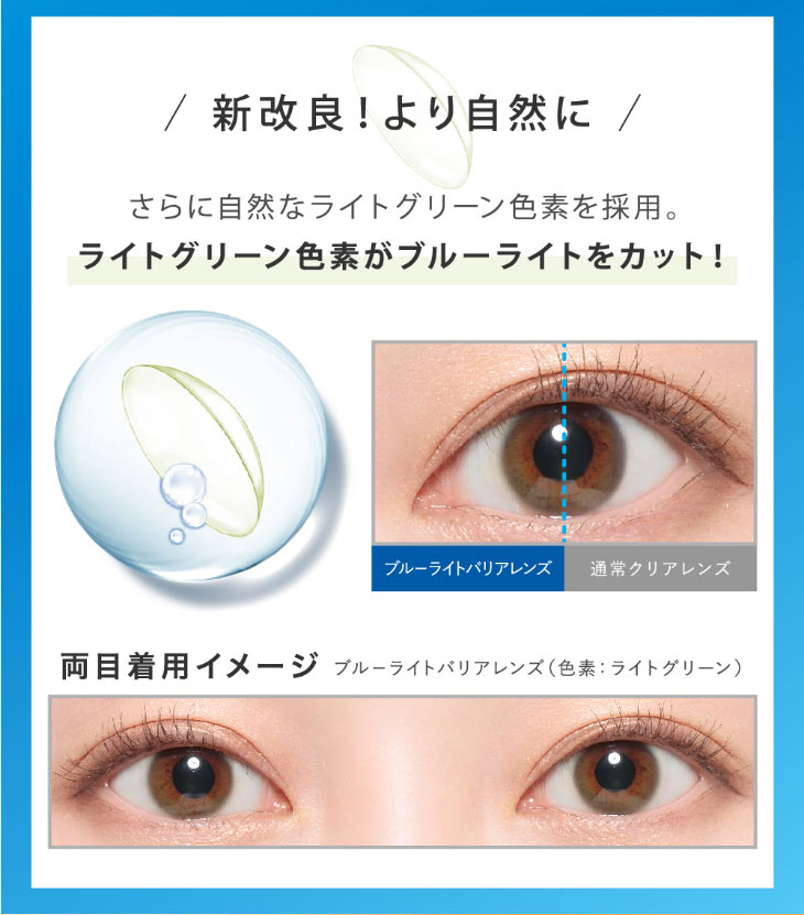 新改良!より自然になりました|自然なライトグリーン色素を採用,ライトグリーン色素がブルーライトをカット