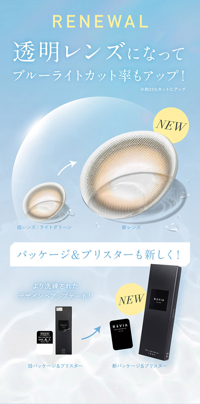 透明レンズになってブルーライトカット率もアップ|KIM CHAEWON (キム・チェウォン) of LE SSERAFIMイメージモデルのレヴィア ブルーライトバリアワンデー カラー(REVIA Blue Light Barrier 1DAY color,ブルーライトカット,紫外線カット,1day,10枚入り,DIA14.1mm,BC8.7