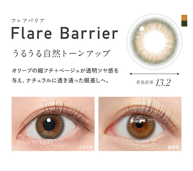 レヴィアブルーライトワンデーカラーのフレアバリア,うるうる自然トーンアップ,オリーブの細フチ+ベージュが透明ツヤ感を与え,ナチュラルに透き通った眼差しへ,着色直径13.2mm|KIM CHAEWON (キム・チェウォン) of LE SSERAFIMイメージモデルのレヴィア ブルーライトバリアワンデー カラー(REVIA Blue Light Barrier 1DAY color,ブルーライトカット,紫外線カット,1day,10枚入り,DIA14.1mm,BC8.7