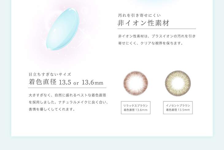 リッチスタンダード2ウィーク,レンズ詳細&レンズポイント,汚れを引き寄せにくい非イオン性素材,目立ちすぎない着色直径