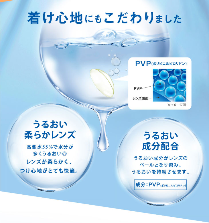 つけ心地にもこだわり,潤い成分配合,潤い柔らかレンズ|レヴィアブルーライトワンデークリア