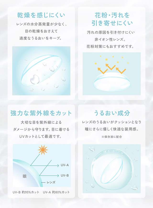 乾燥を感じにくい,花粉・汚れを引き寄せにくい,うるおい成分,紫外線カット|KIM CHAEWON (キム・チェウォン) of LE SSERAFIMイメージモデル 瞳にやさしい高含水クリアコンタクトレンズ レヴィアクリアワンデー 38%(ReVIA CLEAR 1DAY 38%)
