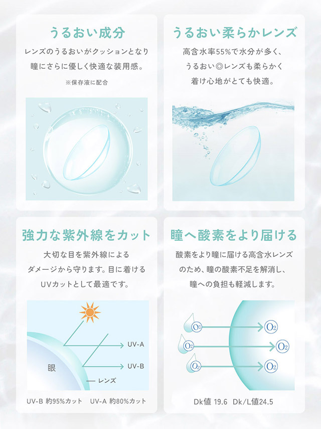 うるおい成分,やわらかレンズ,酸素をよく通す,紫外線カット|KIM CHAEWON (キム・チェウォン) of LE SSERAFIMイメージモデル 瞳にやさしい高含水クリアコンタクトレンズ レヴィアクリアワンデー 55%(ReVIA CLEAR 1DAY 55%)