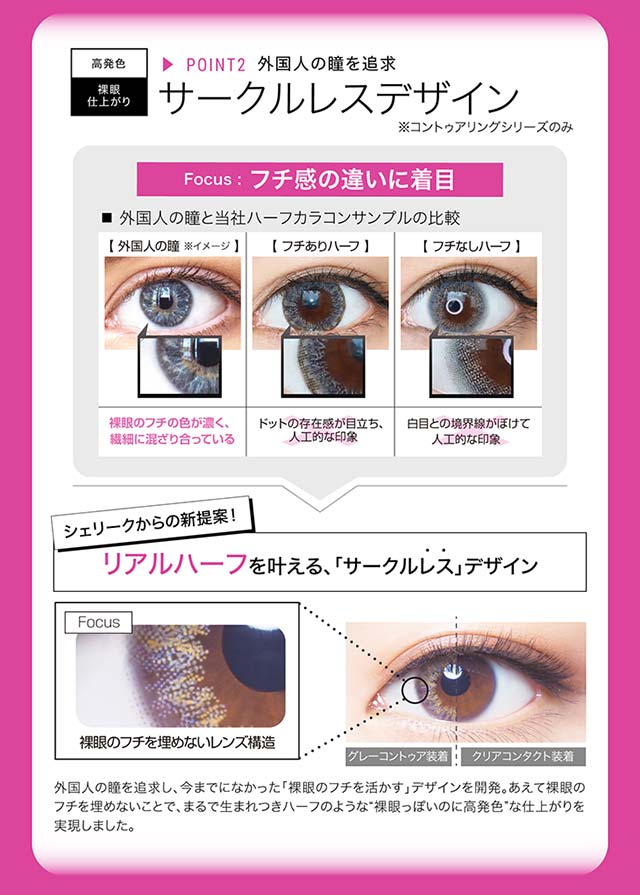 シェリーク,イメージモデルねお,デザインポイント,ポイント2,外国人の瞳を追求したサークルレスデザイン(コントゥアリングシリーズ),リアルハーフを叶える