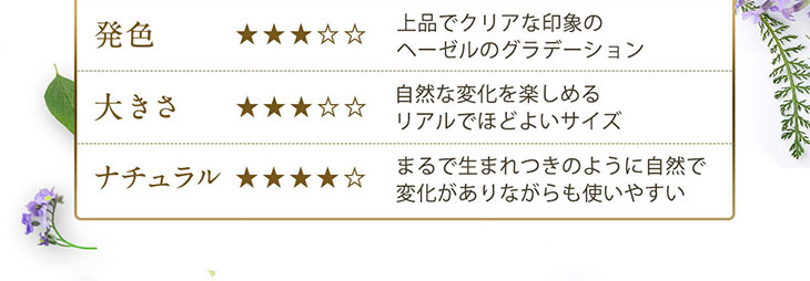 セレクトフェアリー ユーザーセレクトUVモイスチャー サニーブラウン13.2は上品でクリアな印象のヘーゼルのグラデーション。自然な変化を楽しめるリアルでほどよいサイズ感がポイント!生まれつきのような自然な色の瞳になれます