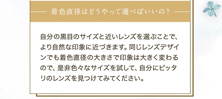 セレクトフェアリーユーザーセレクトマンスリーの着色直径はどう選ぶ?自分の黒目のサイズと近いレンズを選ぶことでより自然な印象に近づきます、同じレンズデザインでも着色直径の大きさで印象は大きく変わるので是非色々なサイズを試して自分にぴったりのレンズを見つけてみてください