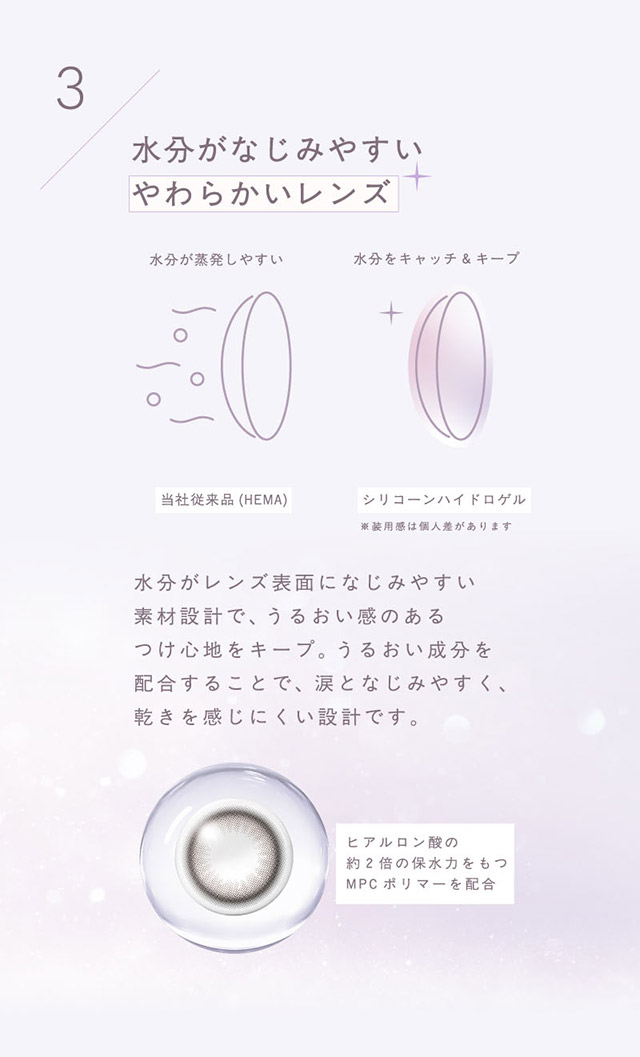 水分がなじみやすいやわらかレンズ|生まれつきキレイ、みたいな瞳へ。指原莉乃さん(さっしー・さしこ)プロデュースのトパーズからつけ心地にこだわったトパーズ シリコーンハイドロゲル(TOPARDS SILICONE HYDROGEL)が登場♡シリコーンハイドロゲル,うるおい成分,UVカット,低含水,非イオン性レンズ,BMW製法,非球面レンズ