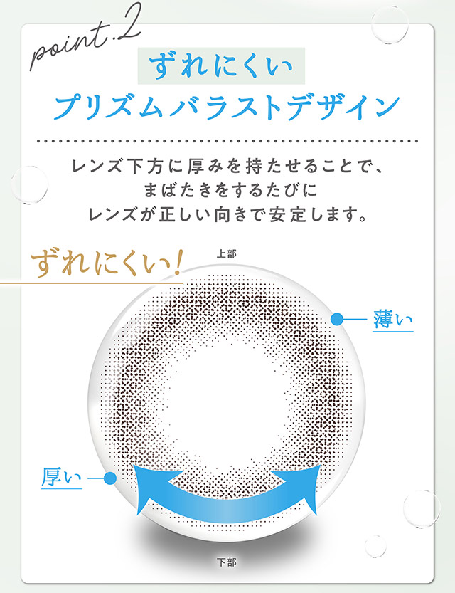 ずれにくいプリズムバラストデザイン|指原莉乃プロデュースカラコン トパーズ トーリック,TOPARDS TORIC,ワンデーカラコン,乱視用,トーリック,カラコン