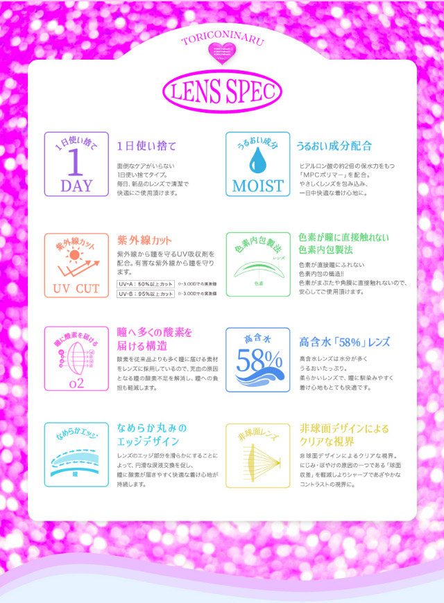 トリコニナルのレンズスペック詳細|インフルエンサーきょうかイメージモデル,トリコニナル(TORICONINARU),1dayカラコン,10枚入り,ワンデー,DIA14.2/14.5mm,着色直径13.6/13.8/14mm,BC8.6/8.7mm