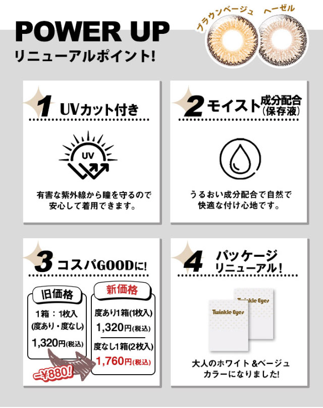 リニューアルポイント,UVカット付き,モイスト成分配合,コスパGOODに,パッケージリニューアル|尾崎紗代子イメージモデル,トゥインクルアイズ(TwinkleEyes),マンスリー,1ヶ月,UVカット,モイスト,DIA14.5mm,BC8.7mm