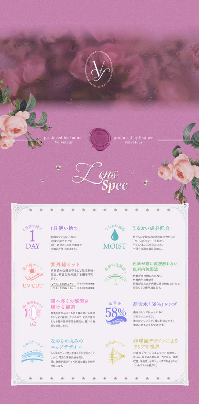 スペック|えみ姉イメージモデル ヴェルヴェティア VELVETEAR 1day ワンデーカラコン DIA14.5 G.DIA13.8 10枚入
