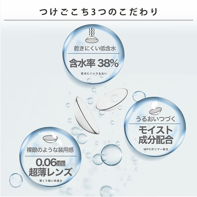 レンズの中心厚0.06mmで装用感がさらに快適になりました。。レンズが薄い方がいい理由は厚みが少ない分コンタクト特有の異物感を感じにくいから。裸眼に近い快適なつけごこちを目指しました。エアレンズ モイスチャーUV ウルトラティン,クリアレンズ,ワンデー