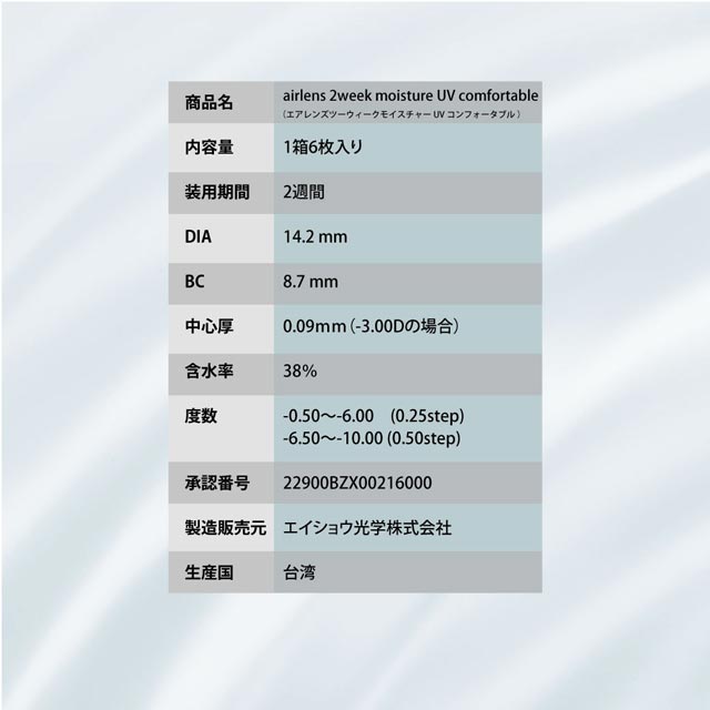 スペック詳細,エアレンズ モイスチャーUV コンフォータブル2week,クリアレンズ