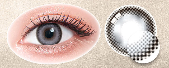 ミスティーグレーのレンズ写真と装用写真|一条響イメージモデルのマンスリーカラコン 1month カラーズワンマンス【colors 1month】