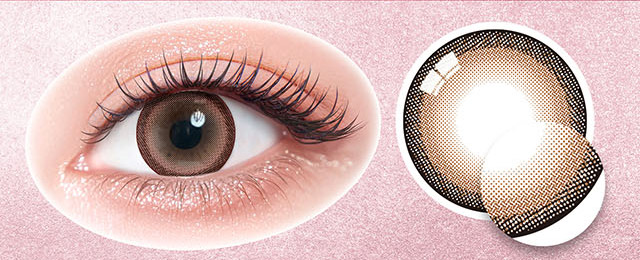 ハーフシルキーブラウンのレンズ写真と装用写真|一条響イメージモデルのマンスリーカラコン 1month カラーズワンマンス【colors 1month】