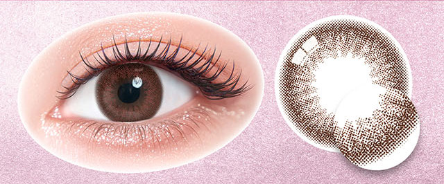 エアリーブラウンのレンズ写真と装用写真|一条響イメージモデルのマンスリーカラコン 1month カラーズワンマンス【colors 1month】