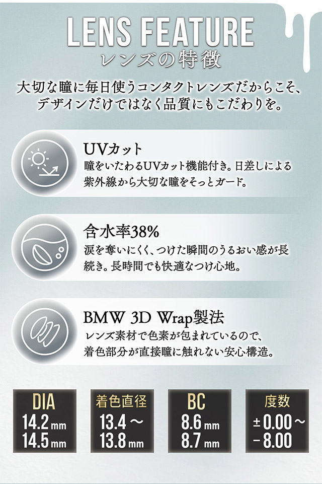 カラーズワンマンスのレンズの特徴,UVカット,含水率38%,BMW 3D Wrap製法|一条響イメージモデルのマンスリーカラコン 1month カラーズワンマンス【colors 1month】