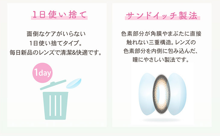 エンチュールはサンドイッチ製法のワンデーカラコンだから瞳に優しく毎日清潔