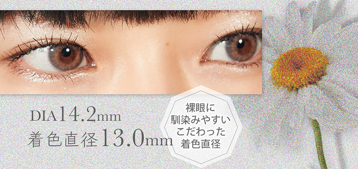 ワンデーカラコンエフェメラル(ephemeral)のサイグレーはDIA14.2mm,着色直径は裸眼に馴染む13.0mm