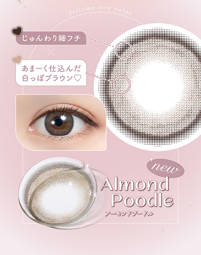 アーモンドプードル,じゅんわり細フチ×あまーく仕込んだ白っぽブラウン|毎日可愛い飽きない♡白石麻衣さん(まいやん)イメージモデル フェリアモ マンスリー(feliamo 1MONTH)人気のワンデーカラコンが待望のマンスリーに♡1month 1ヶ月 1箱2枚入り BC8.6mm 含水率38%
