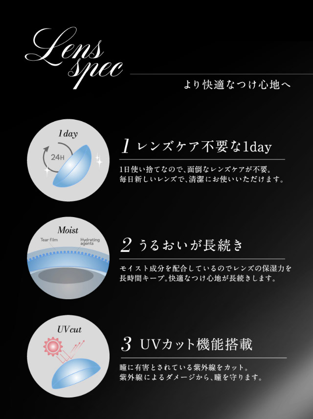 ラヴェールのレンズスペック,レンズケア不要な1day,うるおいが長続き,UVカット機能搭載|倖田來未イメージモデル&プロデュース,ワンデーカラコン,ラヴェール【loveil】