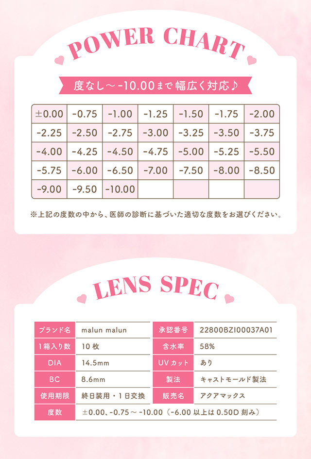 パワーチャート/レンズスペック♡momohoちゃんイメージモデルのカラコン!マランマラン(말랑말랑)新登場♡ ワンデーコンタクトレンズ 1day 1箱10枚入り「マランマラン(malun malun)」