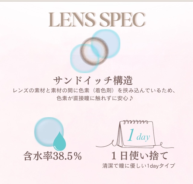 LENS SPEC サンドイッチ構造 レンズの素材と素材の間に色素(着色剤)を挟み込んでいるため、色素が直接瞳に触れずに安心♪ 含水率38.5% 1日使い捨て 清潔で瞳に優しい1dayタイプ|度あり・度なし 10枚 メイリーシフォンワンデー DIA:14.2mm ワンデー カラコン カラーコンタクトレンズ