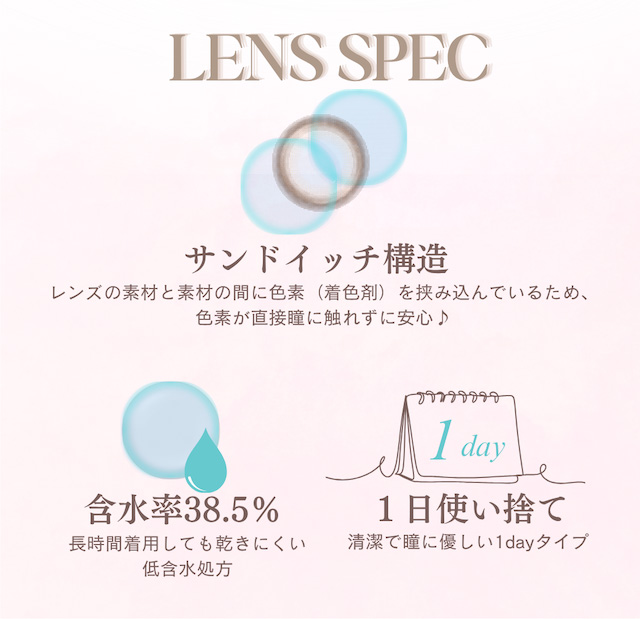 LENS SPEC サンドイッチ構造 レンズの素材と素材の間に色素(着色剤)を挟み込んでいるため、色素が直接瞳に触れずに安心♪ 含水率38.5% 長時間着用しても乾きにくい低含水処方 1日使い捨て 清潔で瞳に優しい1dayタイプ|度あり・度なし 10枚 メイリールーナーワンデー DIA:14.2mm ワンデー カラコン カラーコンタクトレンズ