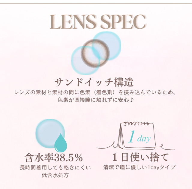 レンズスペック,サンドイッチ構造,含水率38.5%,1日使い捨て