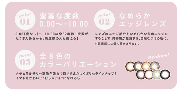 メルシェバイエンジェルカラーは豊富な度数展開,なめらかなエッジレンズ,全8色のカラーバリエーション【メルシェバイエンジェルカラー(merche by ANGELCOLOR)】マンスリーカラコン 1箱1枚入り 1ヶ月
