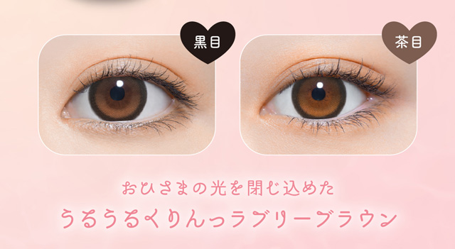 サニーベアの黒目と茶目の装用写真,おひさまの光を閉じ込めたうるうるくりんっラブリーブラウン|よしミチ(ミチ&よしあき)プロデュース パース perse ナチュラル系カラコン 度あり 度あり DIA:14.2mm/14.5mm ワンデー カラコン カラーコンタクトレンズ