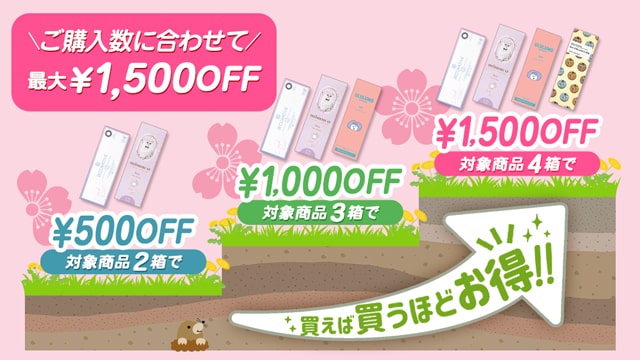 どれでも2箱購入で500円OFF、3箱購入で1000円OFF、4箱購入で1500円OFF