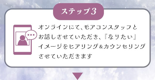 STEP③オンラインにて、モアコンスタッフとお話しさせていただき、『なりたい』イメージをヒアリング&カウンセリングさせていただきます