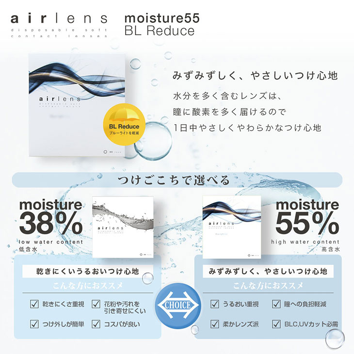 エアレンズは、1day、含水率38%、汚れのつきにくい非イオンレンズ、モイスト成分配合の30枚入りのクリアコンタクトレンズ。