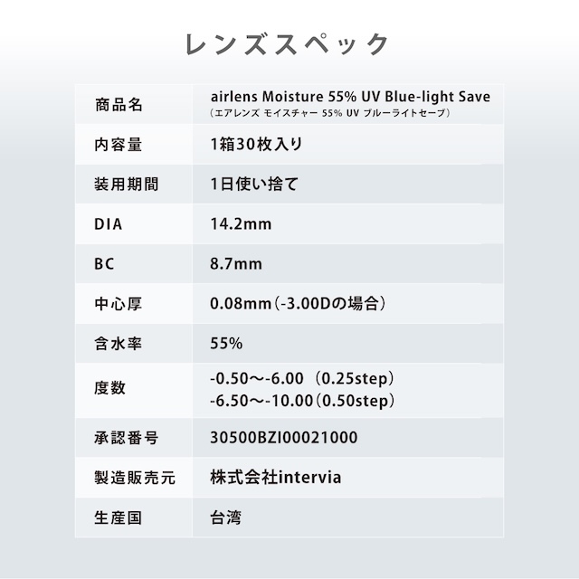 エアレンズ 1day モイスチャー55% UV ブルーライトセーブ 30枚入(11)