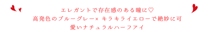 エレガントで存在感のある瞳に♡
高発色のブルーグレー×キラキライエローで絶妙に可愛いナチュラルハーフアイ
エレガントで存在感のある瞳に♡
高発色のブルーグレー×キラキライエローで絶妙に可愛いナチュラルハーフアイ