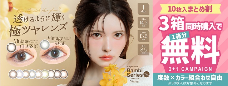 『エンジェルカラーバンビヴィンテージワンデー』10枚入限定!!3箱同時購入で1箱分が0円になるキャンペーン開催中!!
