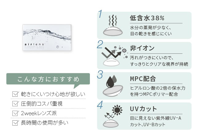 クリア コンタクトレンズ エアレンズ 2week モイスチャーUVコンフォータブル 6枚入のスペック画像